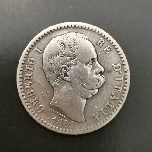 Italy 2 Lire Coin 1881 used, silver 0.835