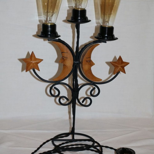 Vintage lamp with 3 Edison bulbs and carved moon designs