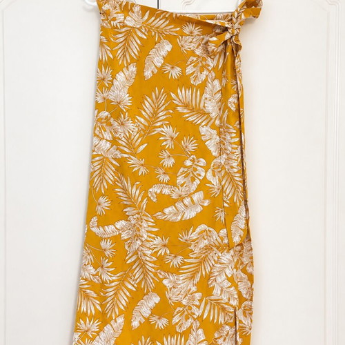 Noobass summer wrap midi skirt, bright mustard with white pattern