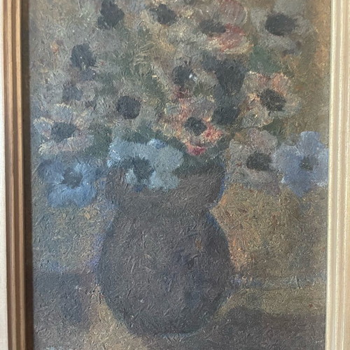 Oil painting on canvas Vase with flowers by Jenny Papadaki with carved frame