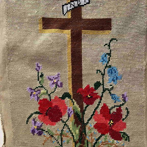 Handmade textile painting used, framed cross with flowers