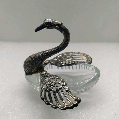 Vintage swan salt cellar used, glass and silver-plated metal