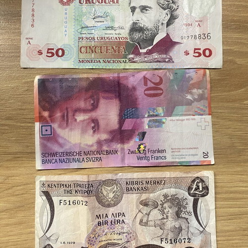 Collection of 3 international and historical banknotes used