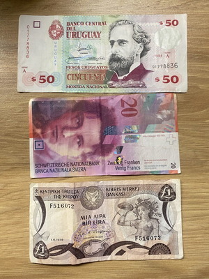 Collection of 3 international and historical banknotes used