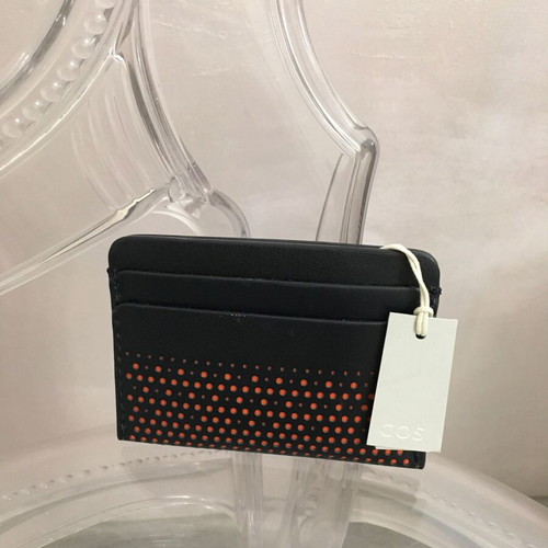 COS genuine leather card holder new, dark blue with orange lining