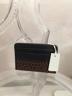 COS genuine leather card holder new, dark blue with orange lining