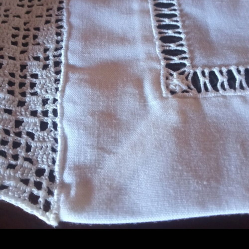 Set of 3 handmade white linen table runners with crocheted cotton lace
