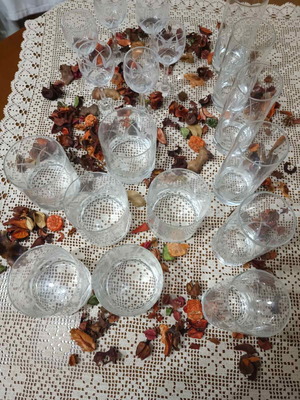 Glasses set like new with water, wine, and liqueur designs, 6 each
