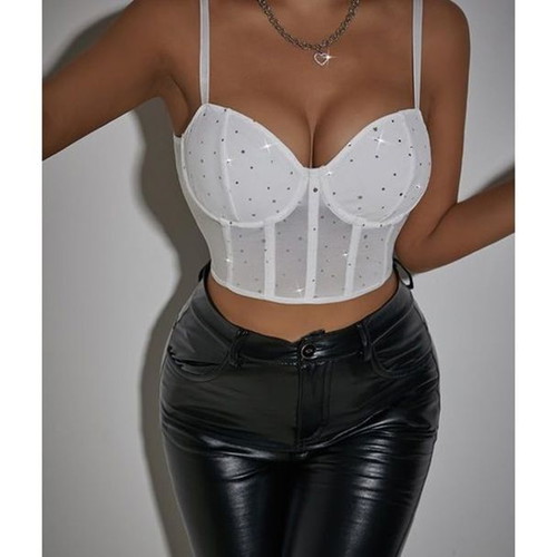 Women's white sparkling corset crop top with adjustable straps, size S