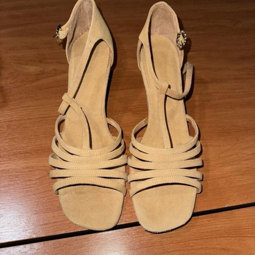 Latin shoes beige with rhinestones on buckle like new, handmade leather