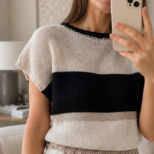 Scandalo cotton knit summer blouse like new, black and beige, size S/M