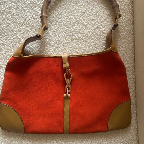 Gucci vintage shoulder bag orange, new, leather and suede with bamboo handle