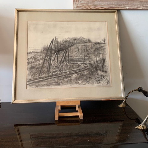 Charcoal painting used, theme 'Train Lines', with frame
