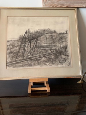 Charcoal painting used, theme 'Train Lines', with frame