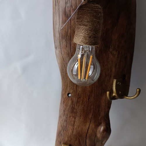 Handcrafted Driftwood Wall Lamp with Vintage Coat Hooks