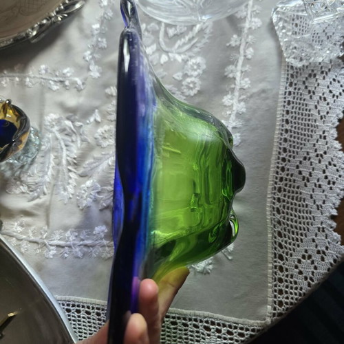 Handmade glass bowl like new, blue and lime green
