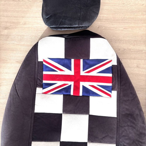 Mini Cooper front seat covers used, black and white checkered with Union Jack