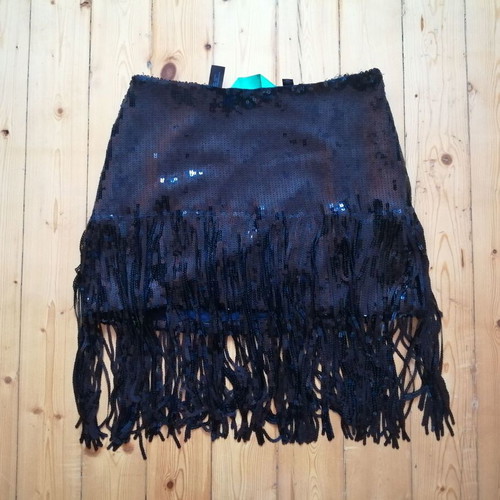 Something New women's black sequin skirt with fringes, XS-S