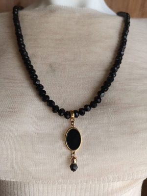 Steel gold-plated necklace with polygonal lava crystal beads new