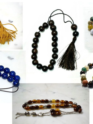 Worry beads set used, 4 pieces, obsidian, olive wood, fossil, resin