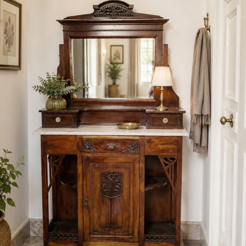 Victorian Edwardian console with mirror and white marble, used, 1915