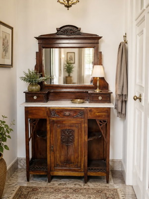 Victorian Edwardian console with mirror and white marble, used, 1915