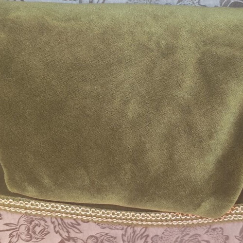 Velvet round tablecloth in olive green with gold border used