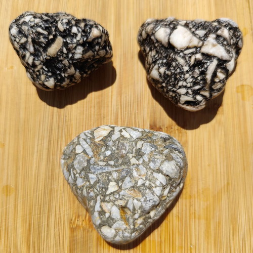 Aegean Breccia natural heart-shaped pebbles, set of 3
