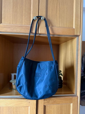 Fabric handbag black with small defect and white prints