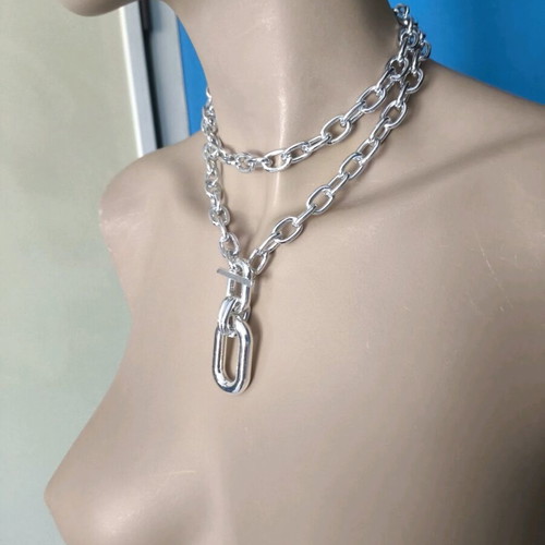 Double necklace new silver with geometric clasp