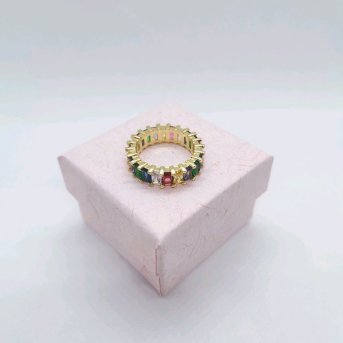 Gold-plated ring with multicolored baguette stones, new, size 8