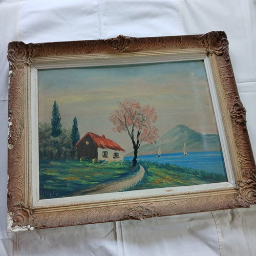 Framed landscape painting 40x50 cm with some wear