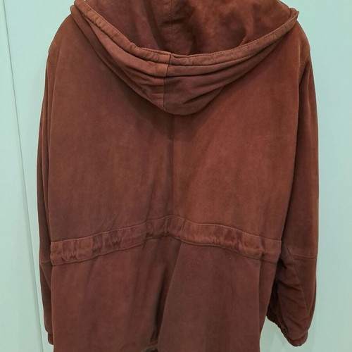 Men's suede jacket used, vintage brown-burgundy with hood, size M