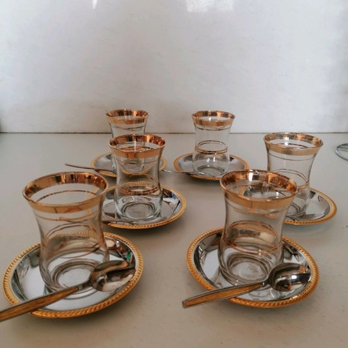 Turkish Oriental Tea Set 6 Glasses, 6 Saucers, 6 Spoons New