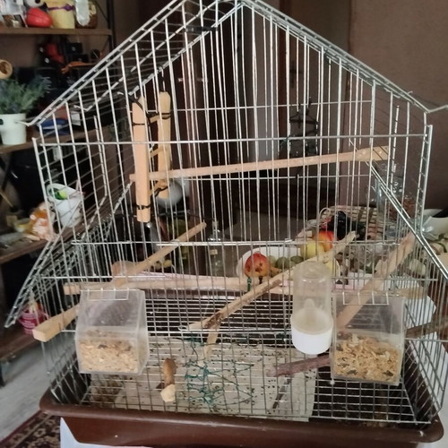 Birdcage for small and medium birds with house-shaped roof and accessories