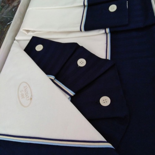 Italian double bed sheets set 100% cotton without elastic with dark blue stripe