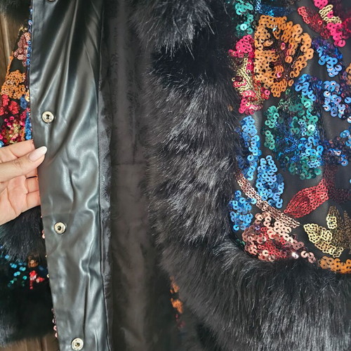 Azaka Fur Outerwear Onesize with Faux Leather and Sequin Embroidery, New