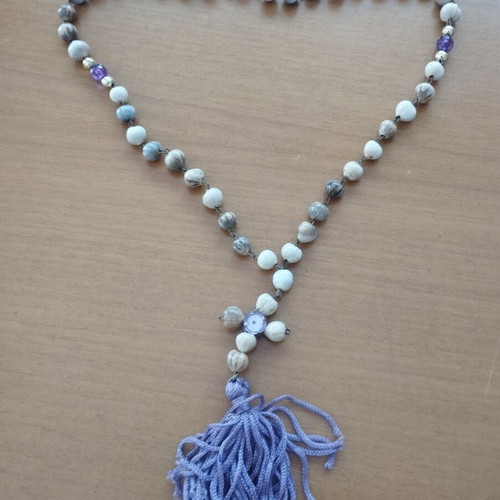 Handmade rosary prayer beads with wood and purple stones, 38 cm, new