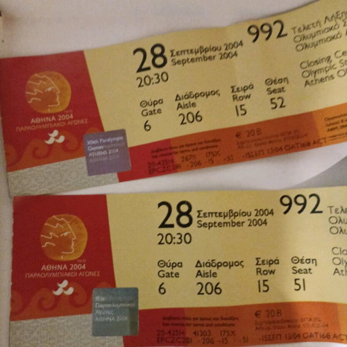 Closing Ceremony Tickets Paralympic Games Athens 2004 used