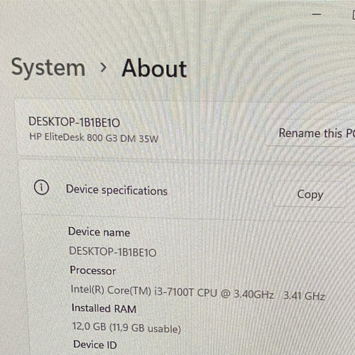 HP EliteDesk 800 G3 Desktop Mini used, Intel i3-7100T, 12GB RAM, 240GB SSD, Windows 11 Pro