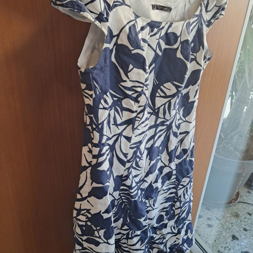Raxevsky linen dress L used, white and blue pattern
