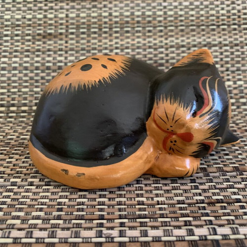 Wooden Sleeping Cat Figurine like new, hand-carved and painted