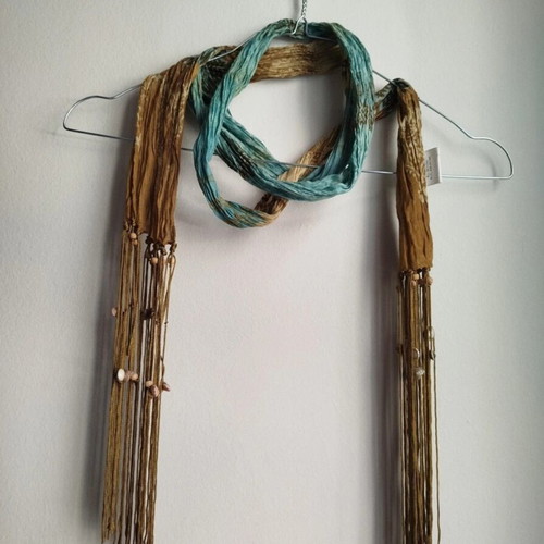 Scarf necklace boho style with long fringes and shells, like new