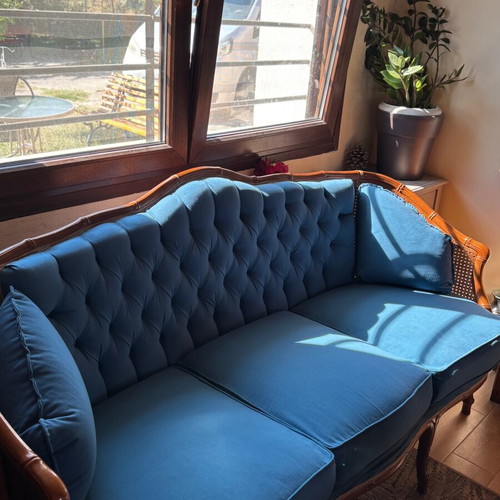 Classic handmade living room set like new with sofa, armchairs, and wooden table