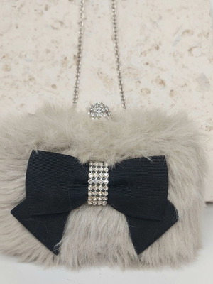Faux fur shoulder bag light grey like new with bow and rhinestones