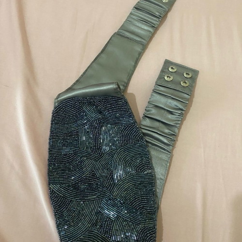 Grey satin belt with Wallis embroidery new, small 75 cm