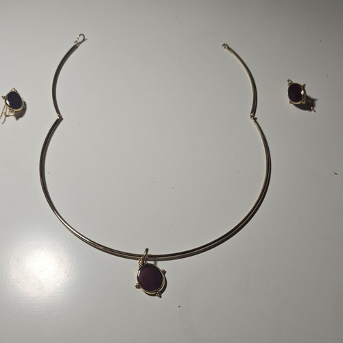 Gold torque necklace 14K and earrings 14K with semi-precious stones, like new