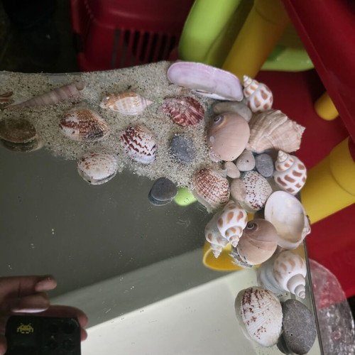 Mirror decorated with shells, pebbles, sand like new handmade