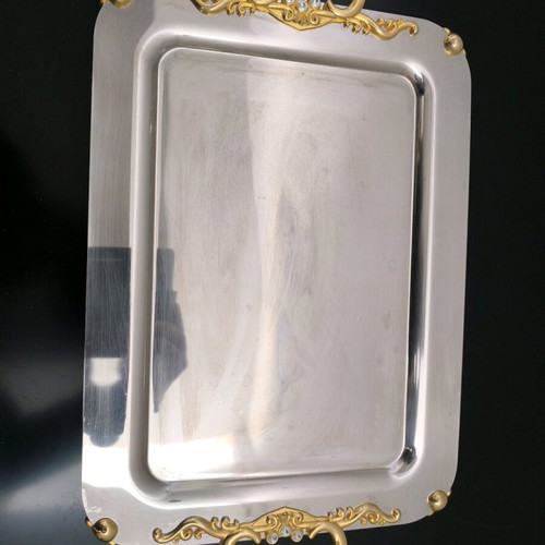 Inox serving tray from Iran like new with bronze handles and feet