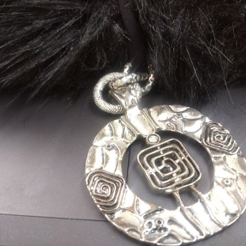 Fur neck warmer like new with metal jewelry, black and silver